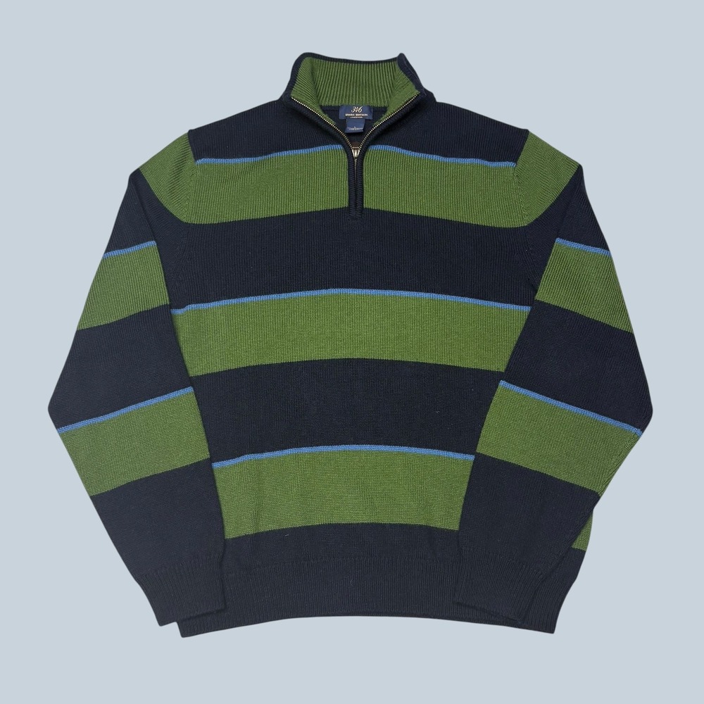 Brooks Brothers 346 Mens Lambswool Quarter Zip Sweater Navy Green Striped Large